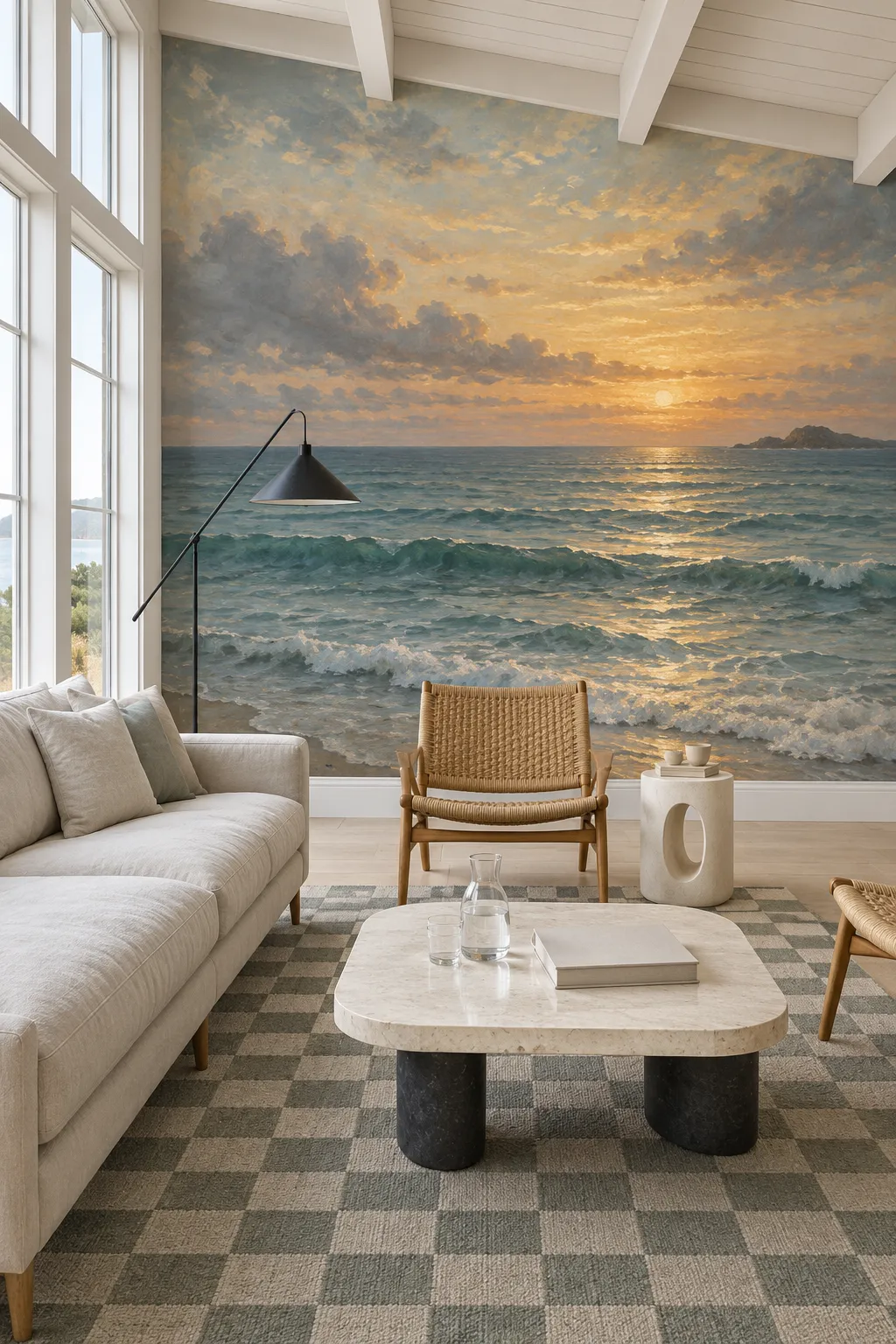 Neutral coastal living room with a painted ocean sunset mural as the focal wall.