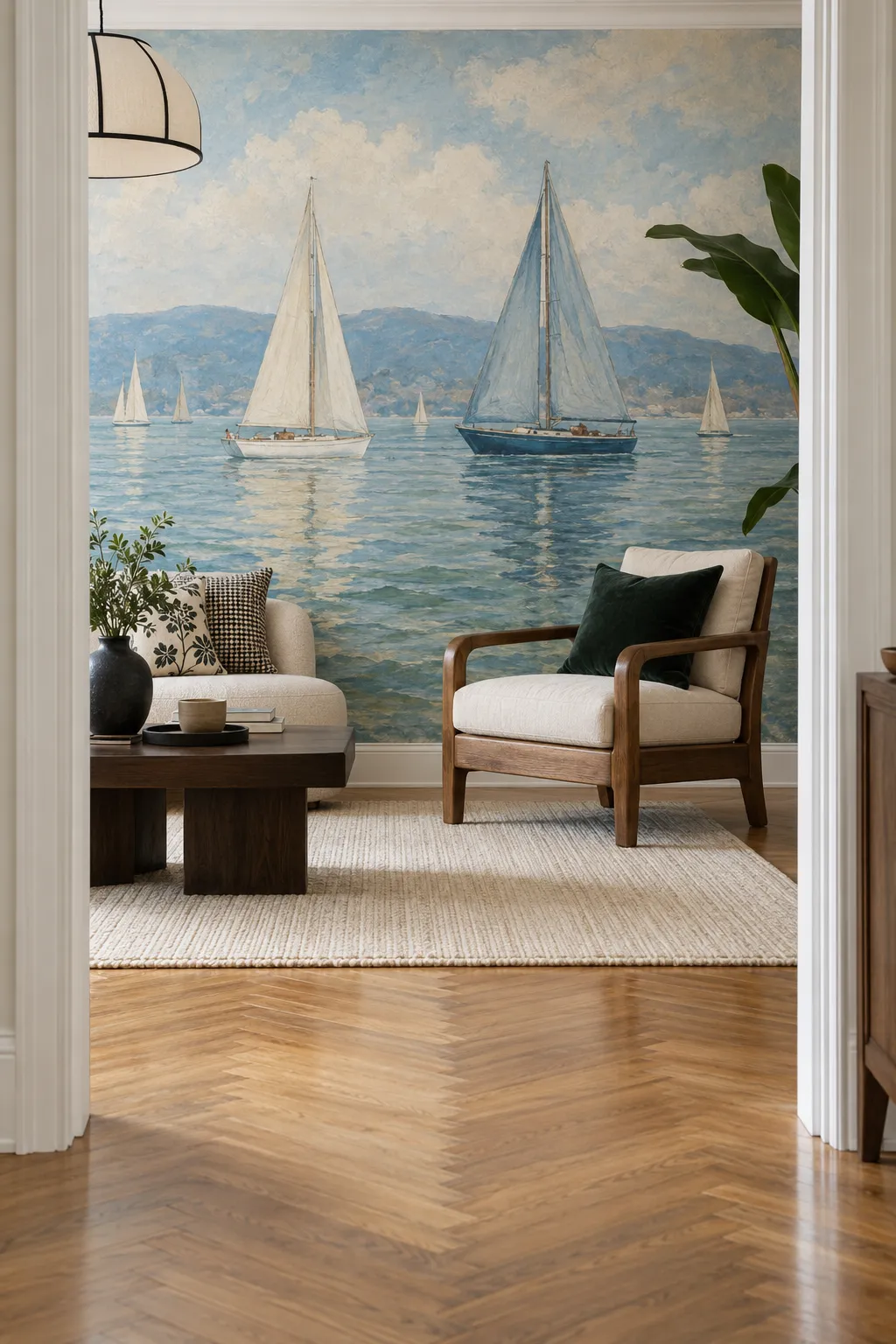 Painted sailboats on quiet coastal water in a reading room.
