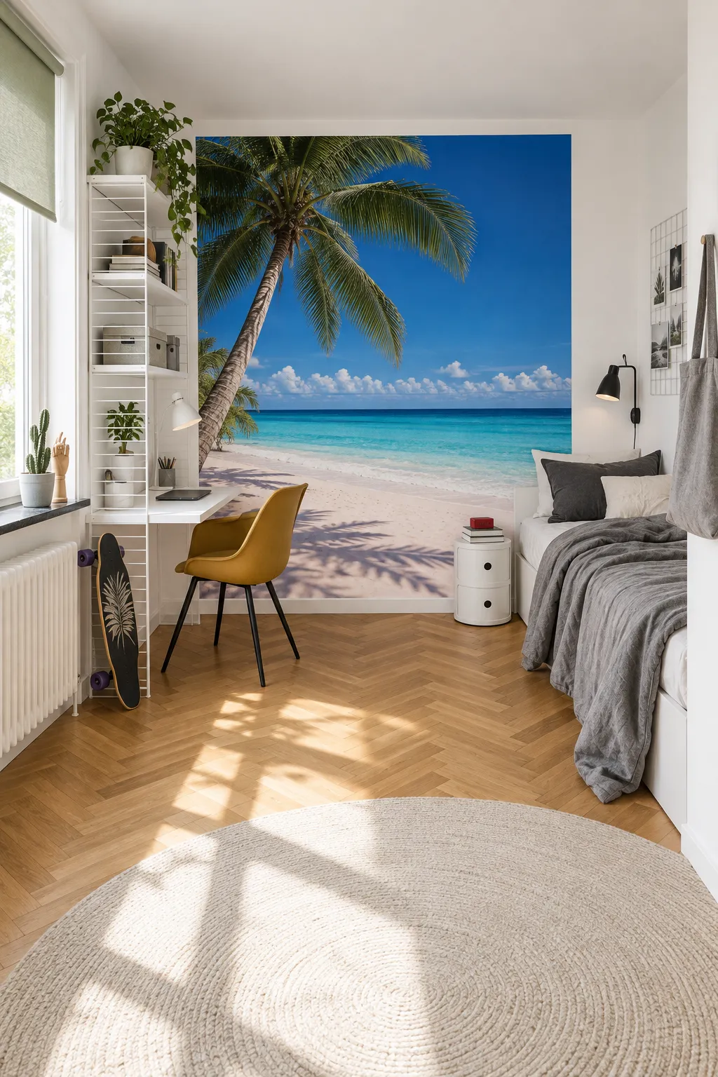 Palm beach wall mural paired with a light Scandinavian bedroom.