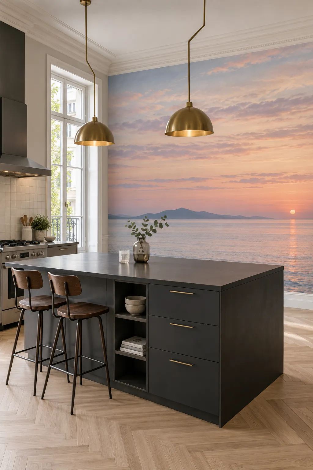 Pastel ocean sunset scene paired with a modern kitchen.