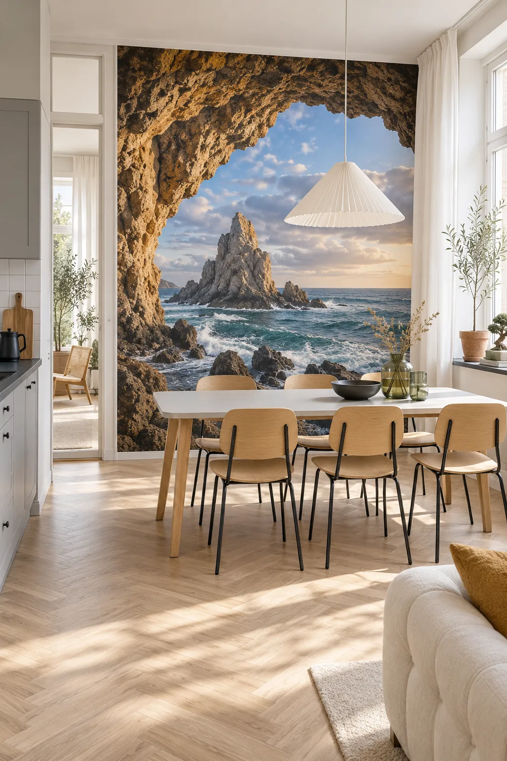 Ocean view framed by a rocky cave opening in a dining room.