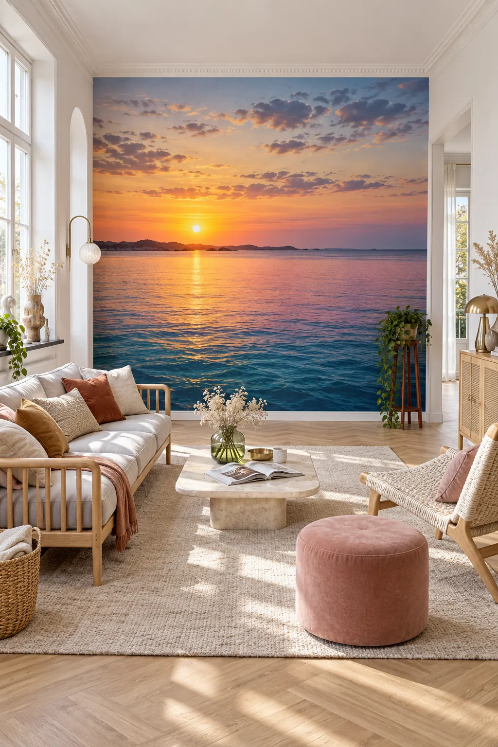 Ocean sunset scene adding warm color to a Scandinavian living room.