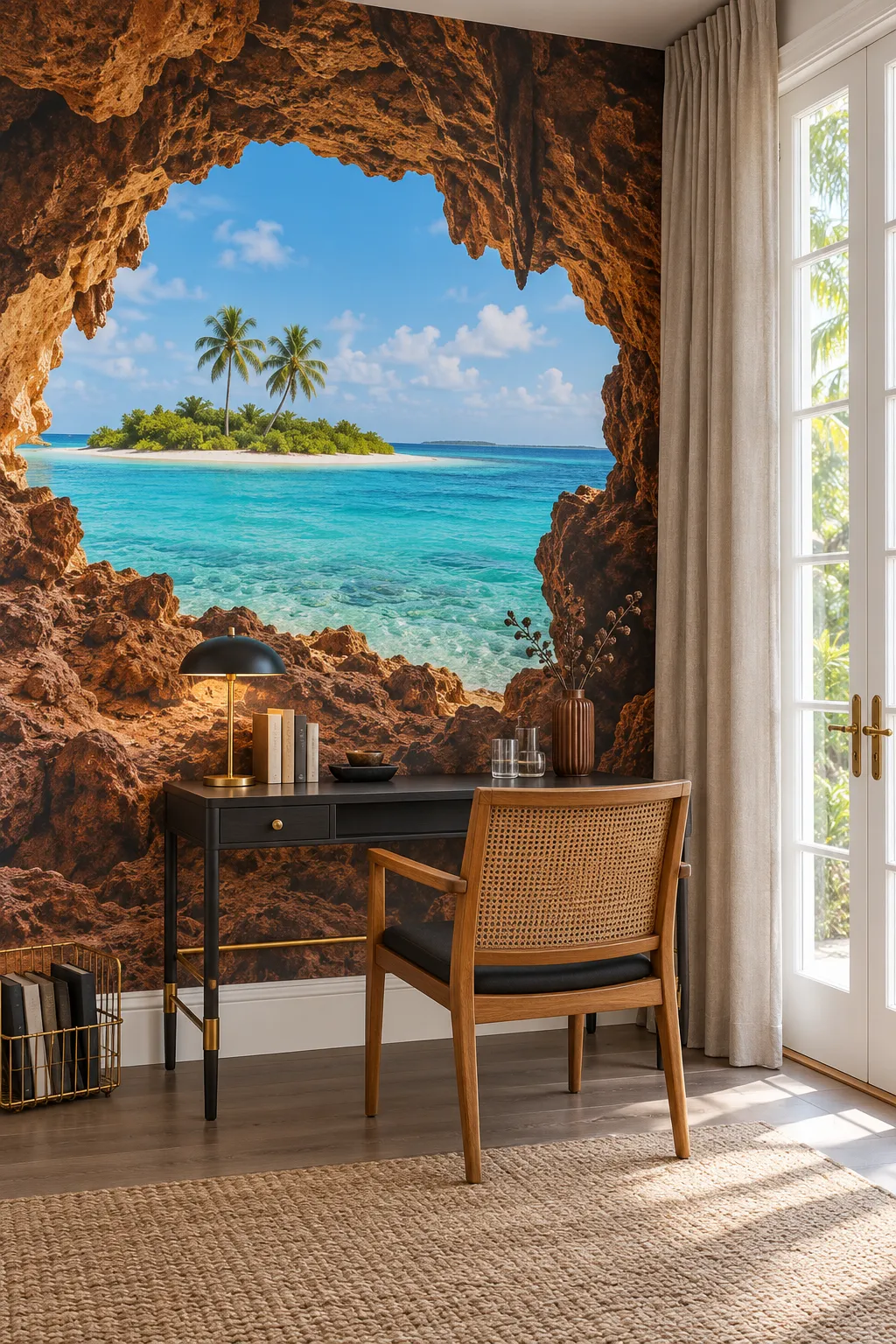 Tropical island cave view wall mural in a home office.