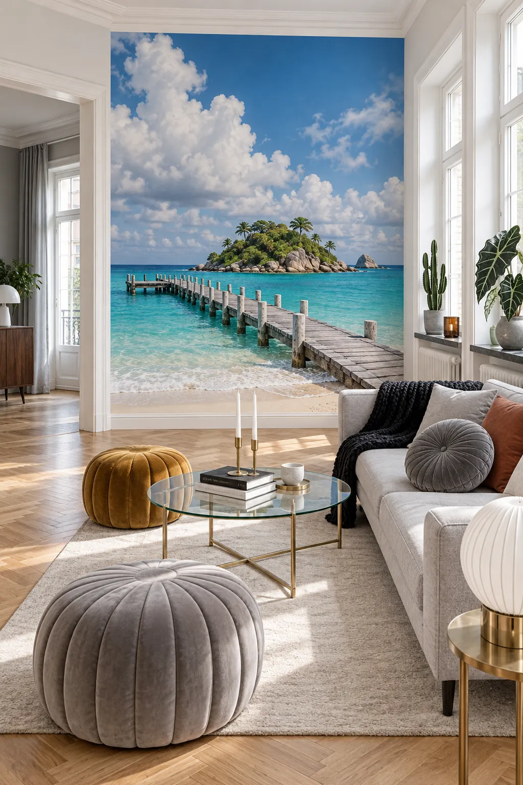 Bright living room with a tropical ocean mural and light neutral furnishings.