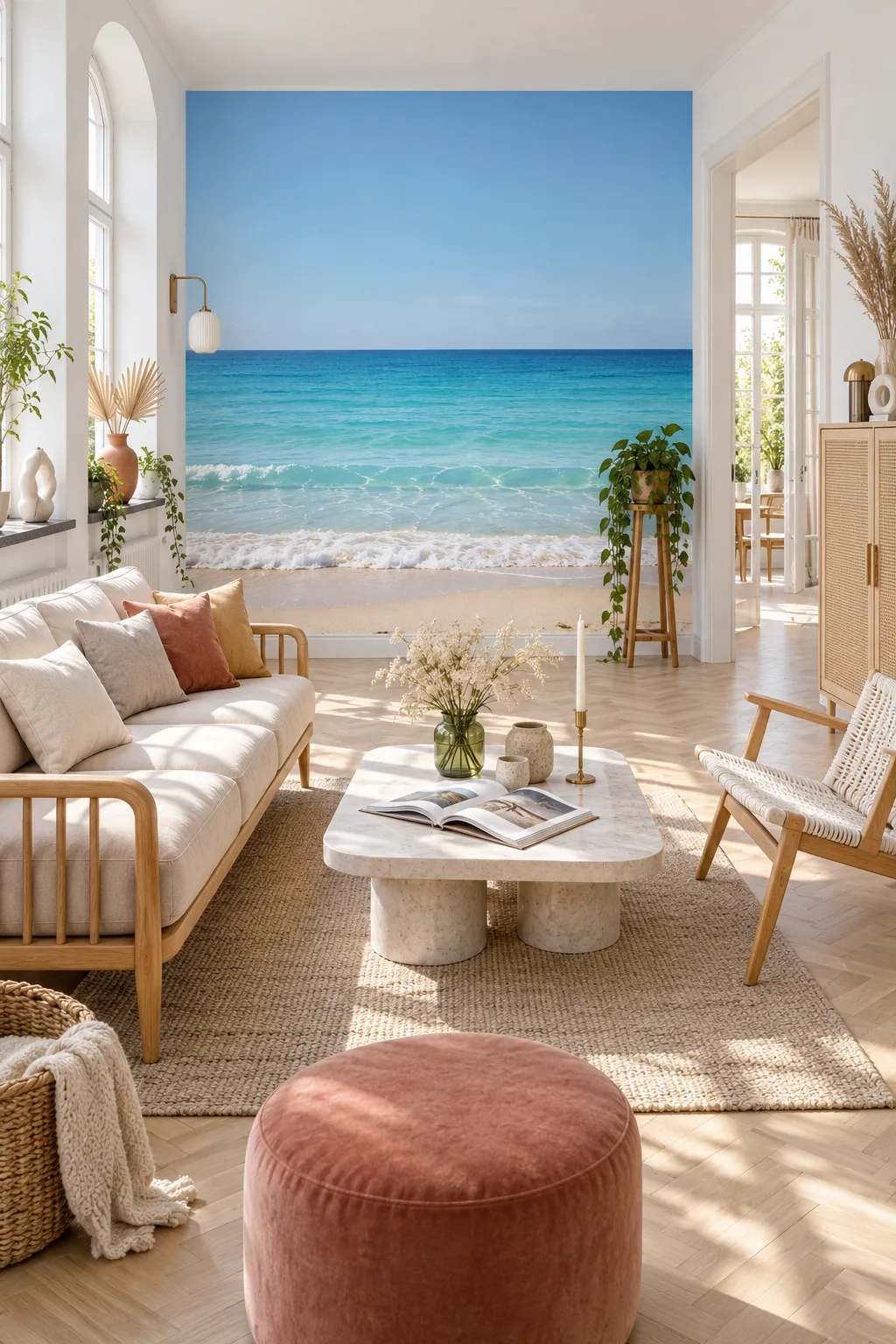 Turquoise beach scene anchoring an airy Scandinavian living room.