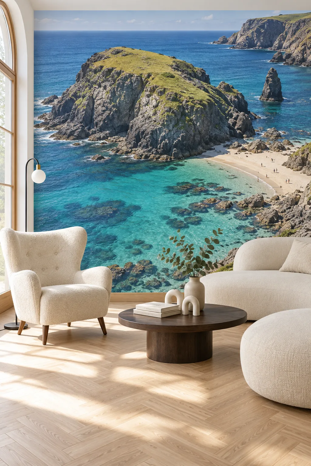 Coastal wall mural showing turquoise water and rocks in a living room.