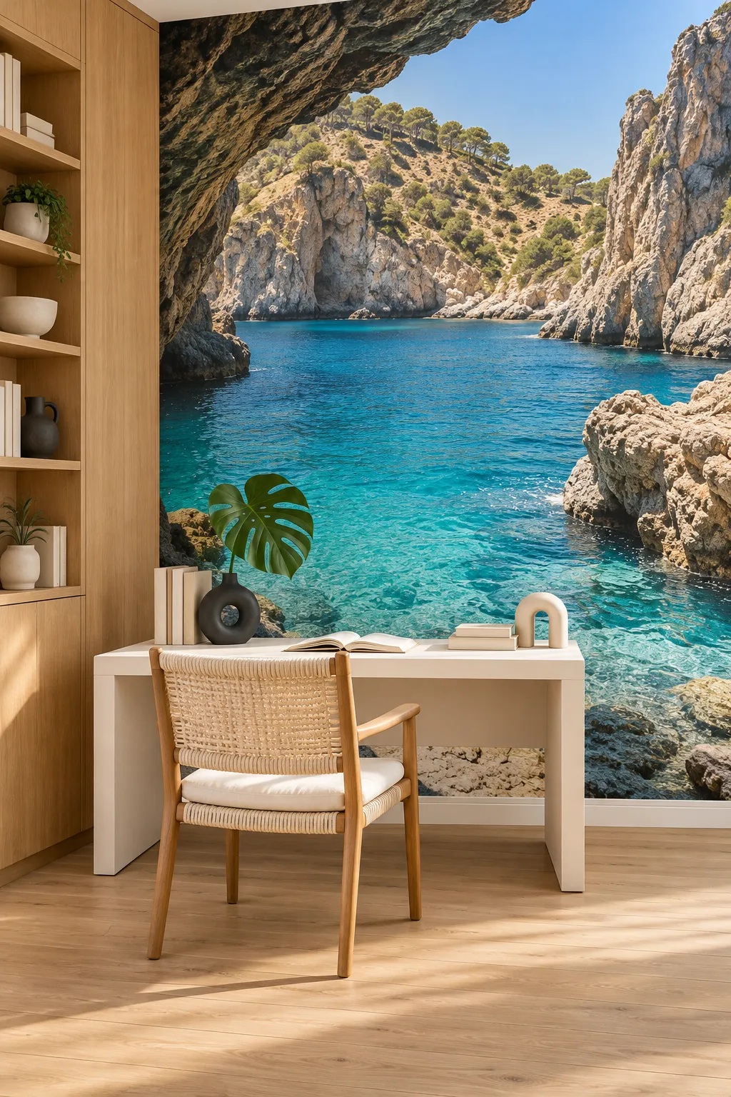 Turquoise water in a rocky cove featured in a home office.