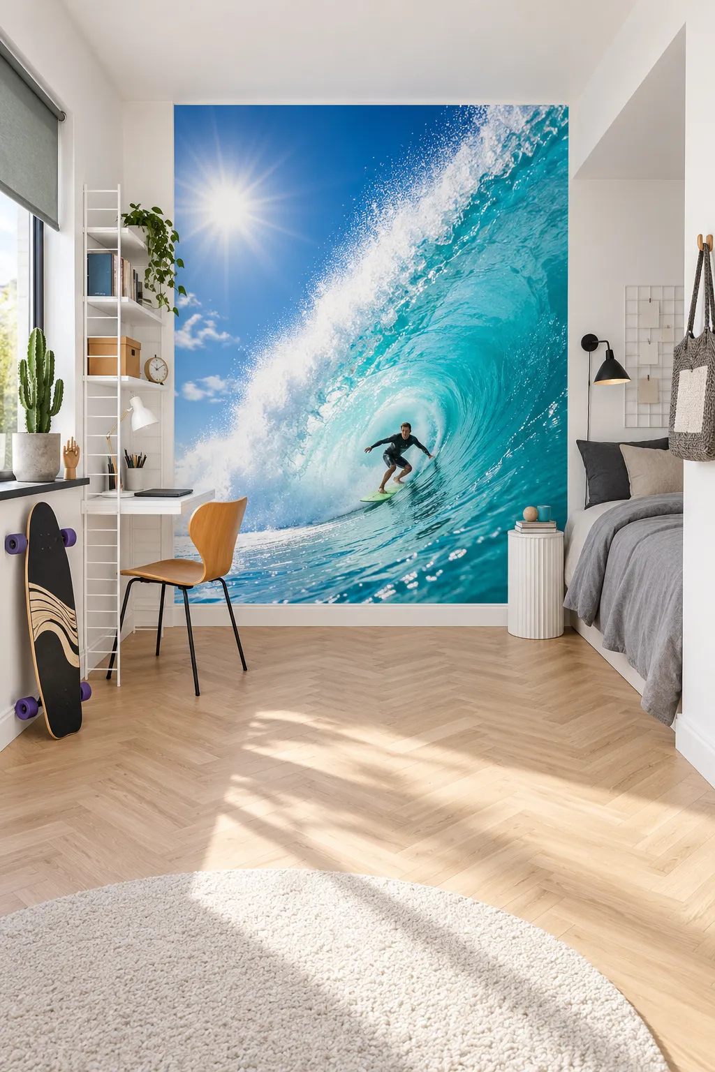 Turquoise surf wave scene used as a bedroom focal point.