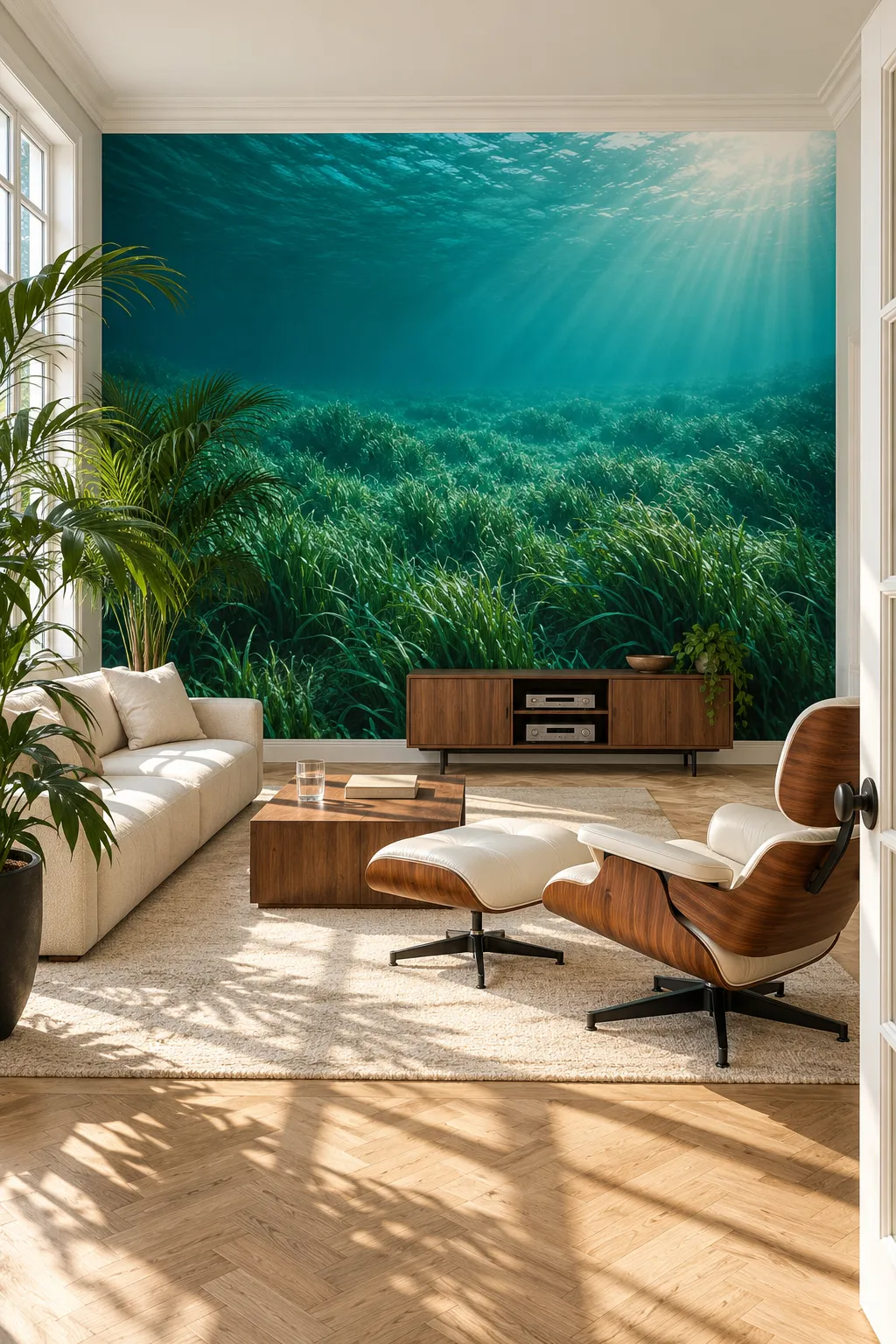 Underwater seagrass wall mural paired with warm wood furniture in a mid-century interior.