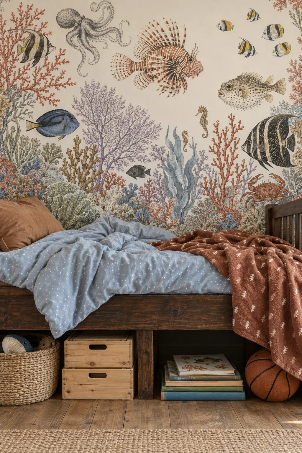 Kids’ bedroom featuring a vintage-style fish and coral wall mural.