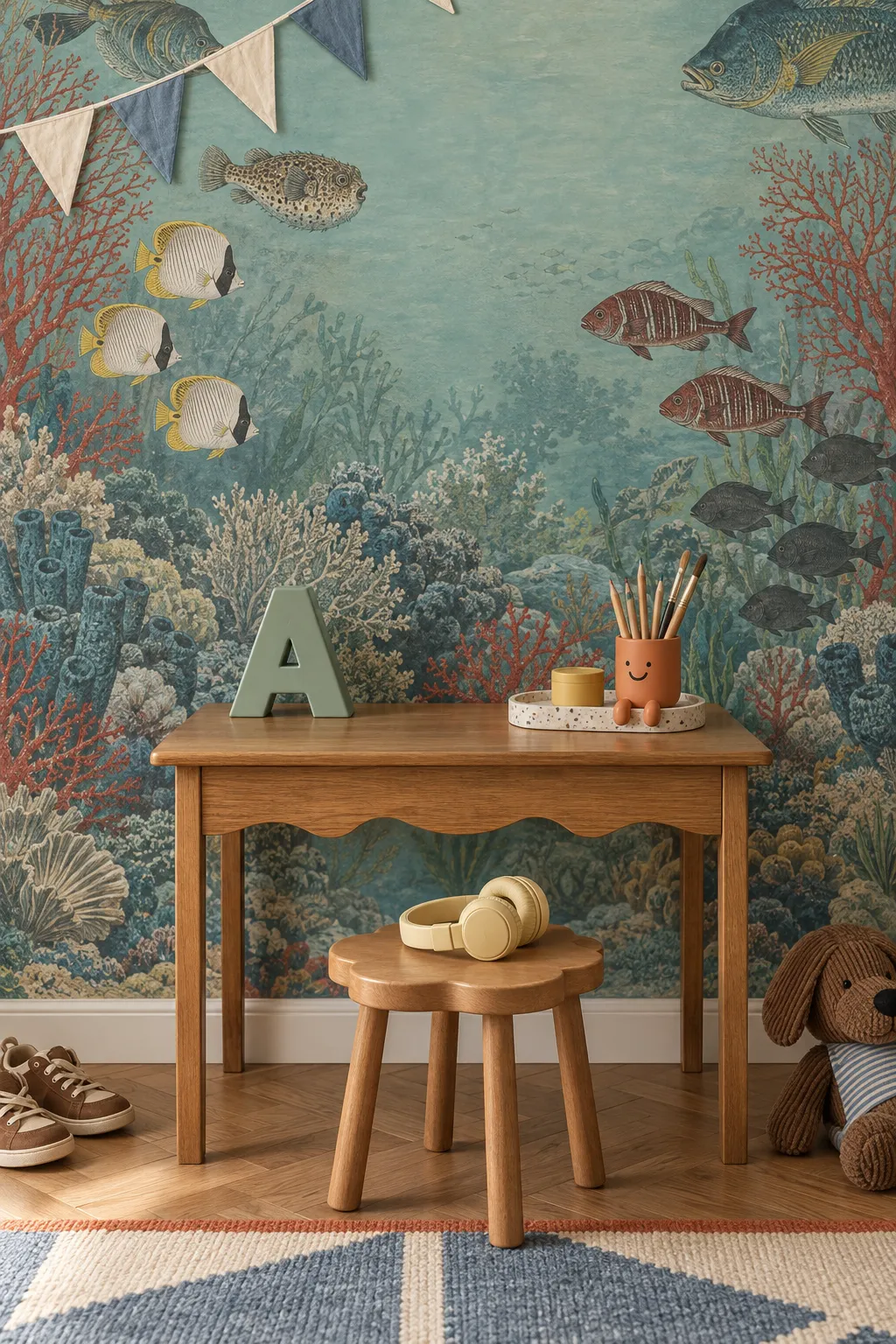 Vintage-style underwater wall mural behind a kids’ study corner.