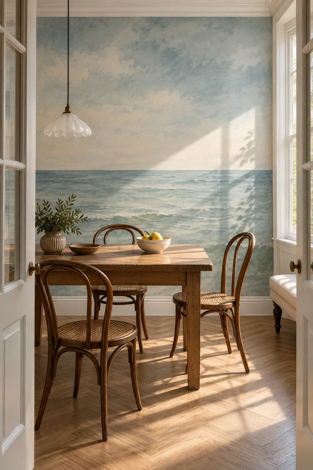 Watercolor ocean scene paired with a vintage dining nook.
