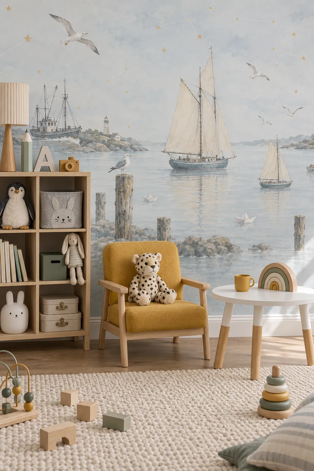 Nursery with a soft watercolor wall mural of sailboats and seagulls.