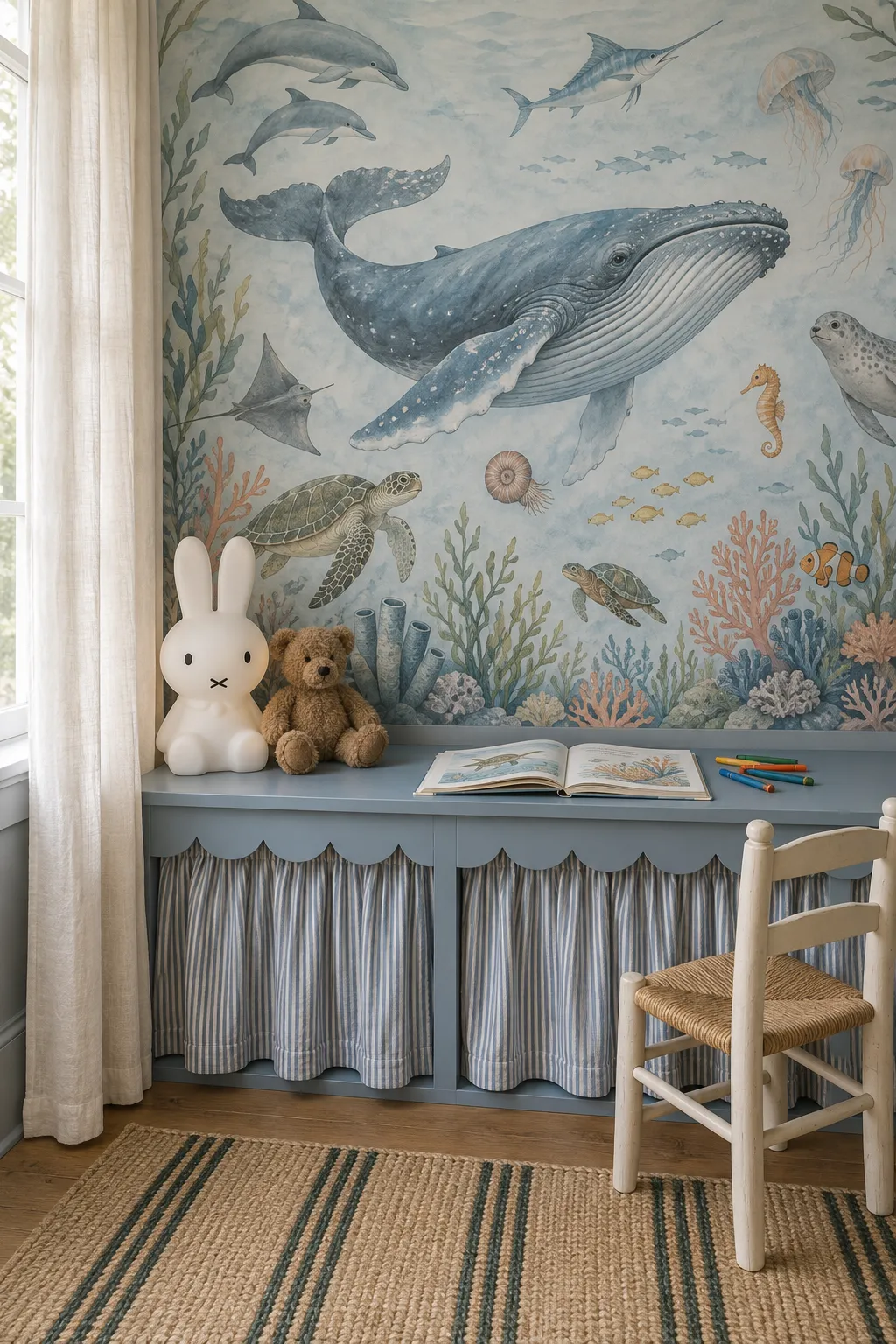 Soft watercolor whale artwork beside a nursery reading nook.