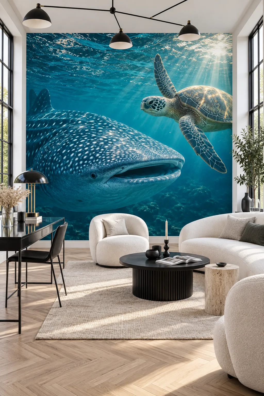 Underwater whale shark and sea turtle scene featured in a living room.