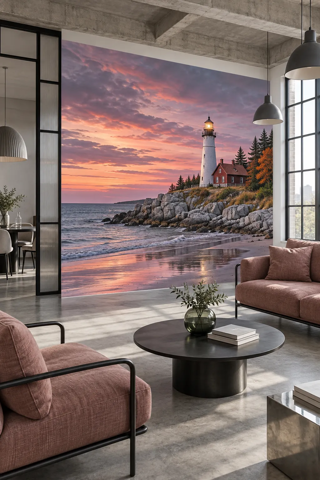 Sunset lighthouse wall mural bringing warm coastal color to an industrial loft.