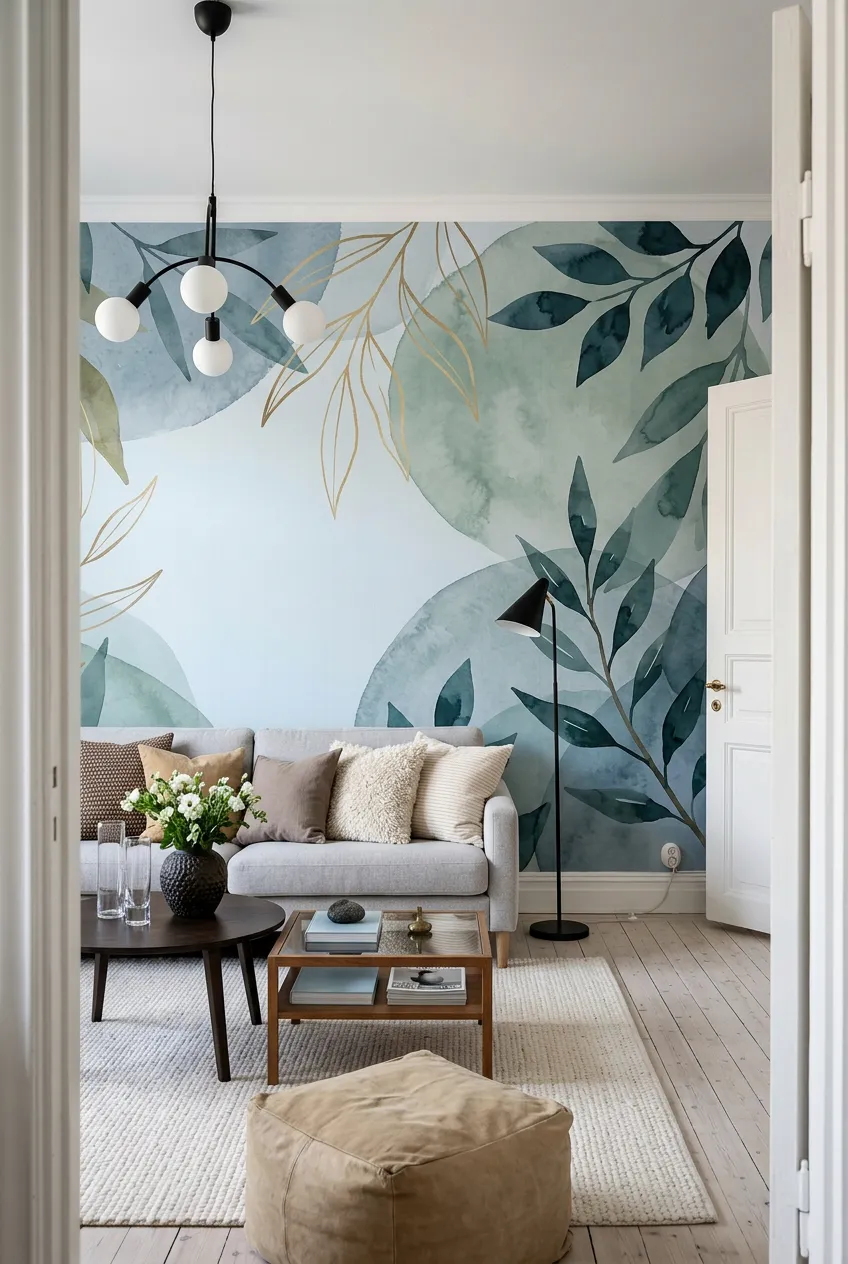 Living room botanical design combining teal leaves with gold details