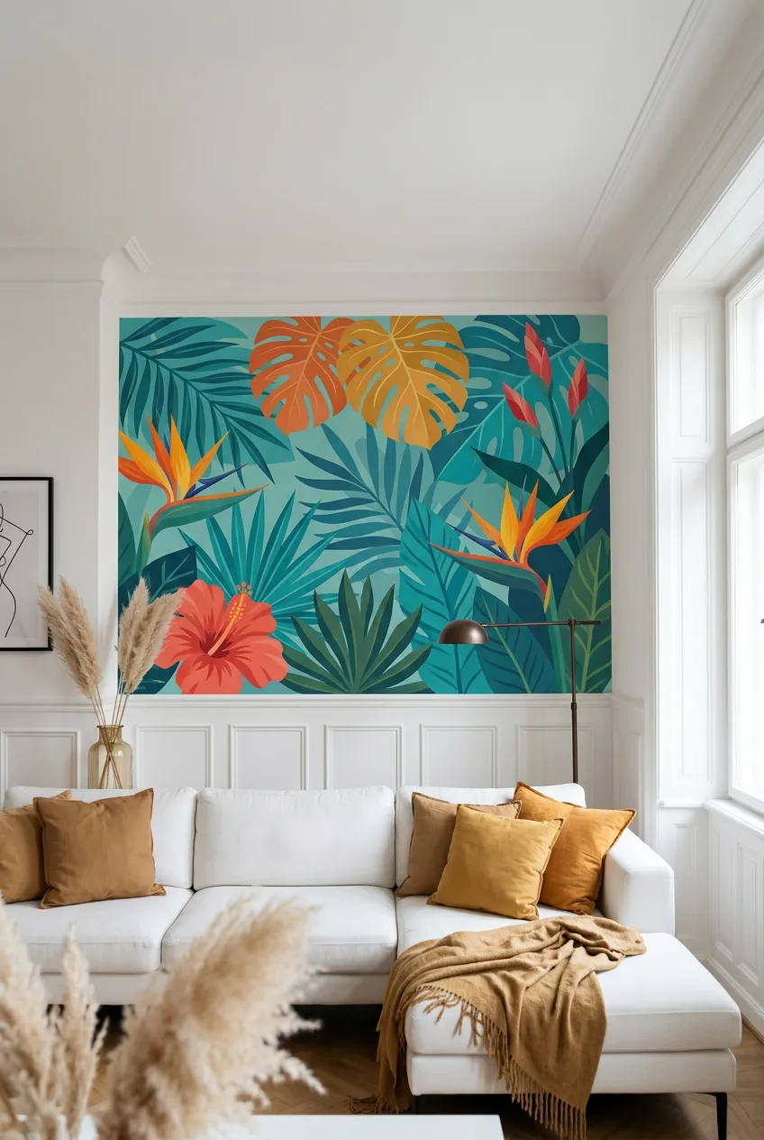 White living room concept accented by teal foliage and orange flowers on the wall.