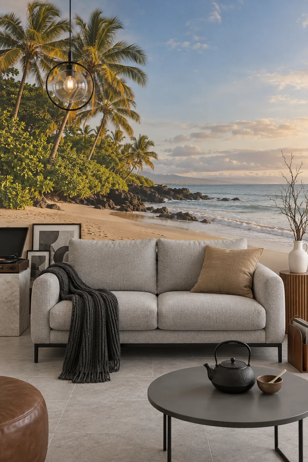 Tropical beach wall mural behind a gray sofa in a coastal living room.