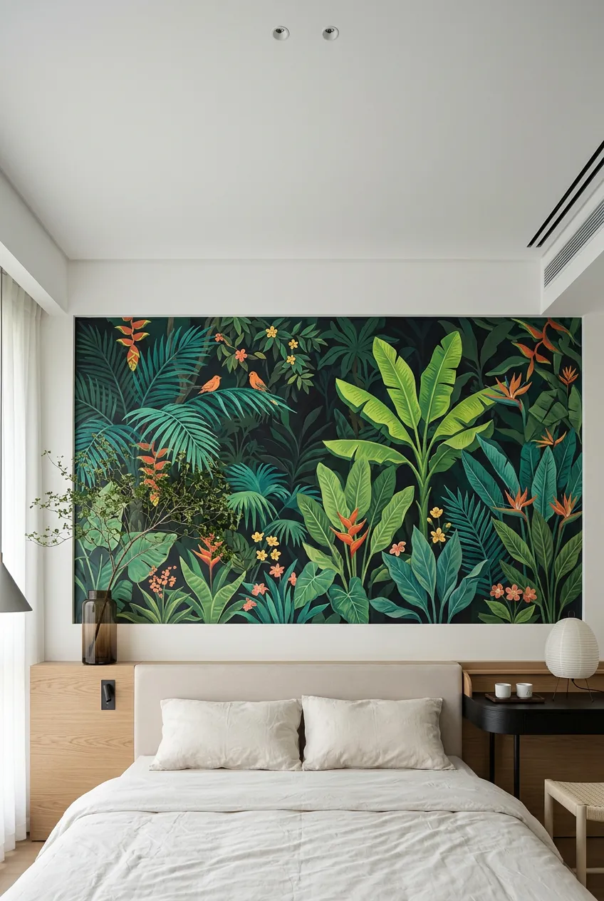 Modern bedroom concept with dense tropical foliage behind a streamlined bed.