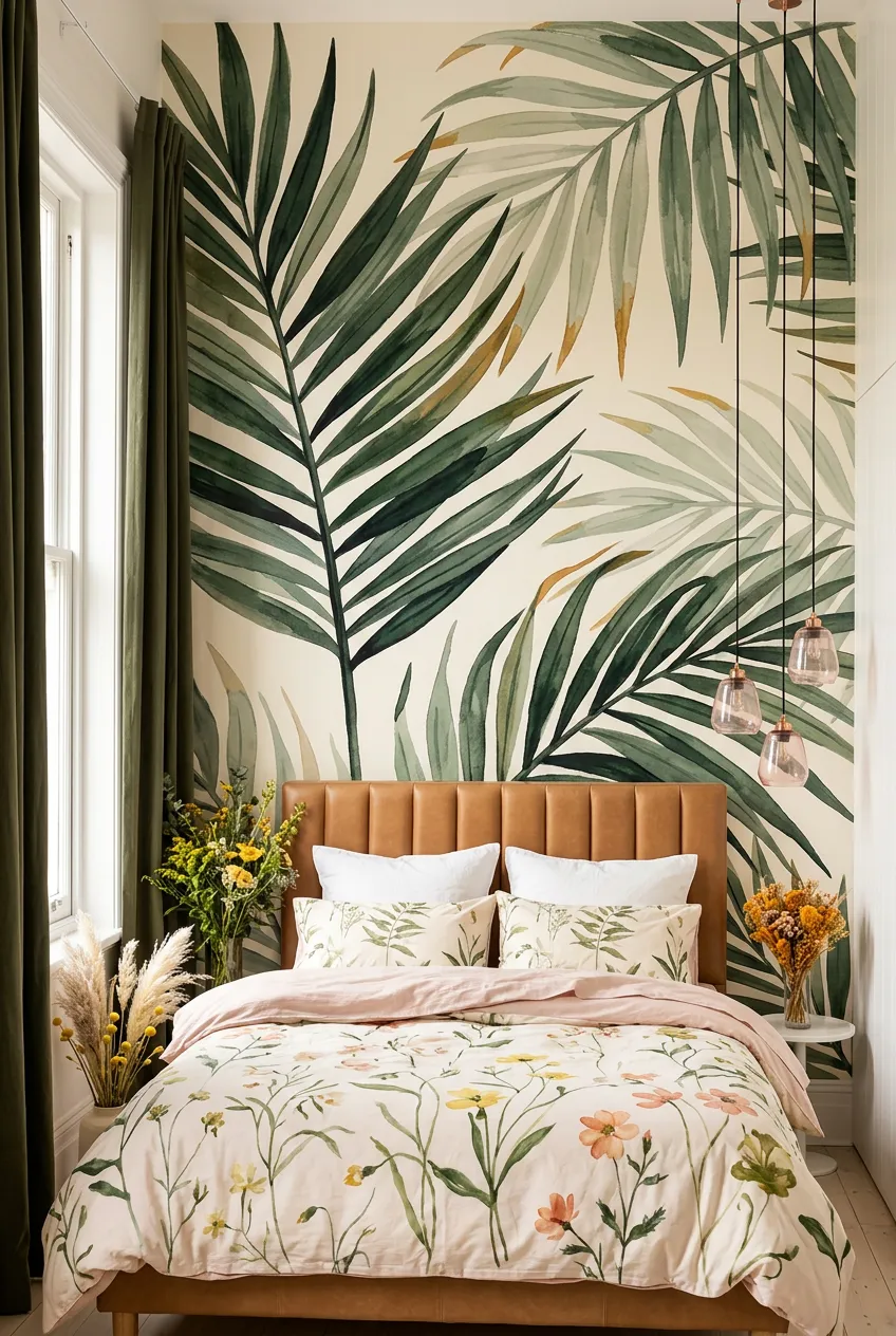 Bedroom focal wall featuring a lush tropical palm leaf pattern