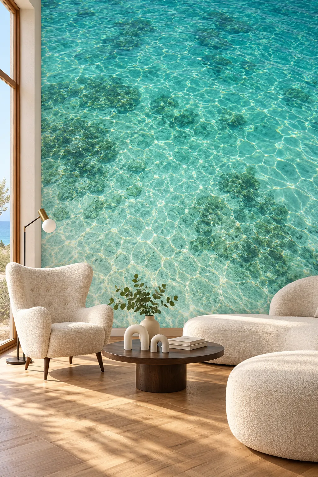 Shallow turquoise water wall mural paired with a cream living room palette.