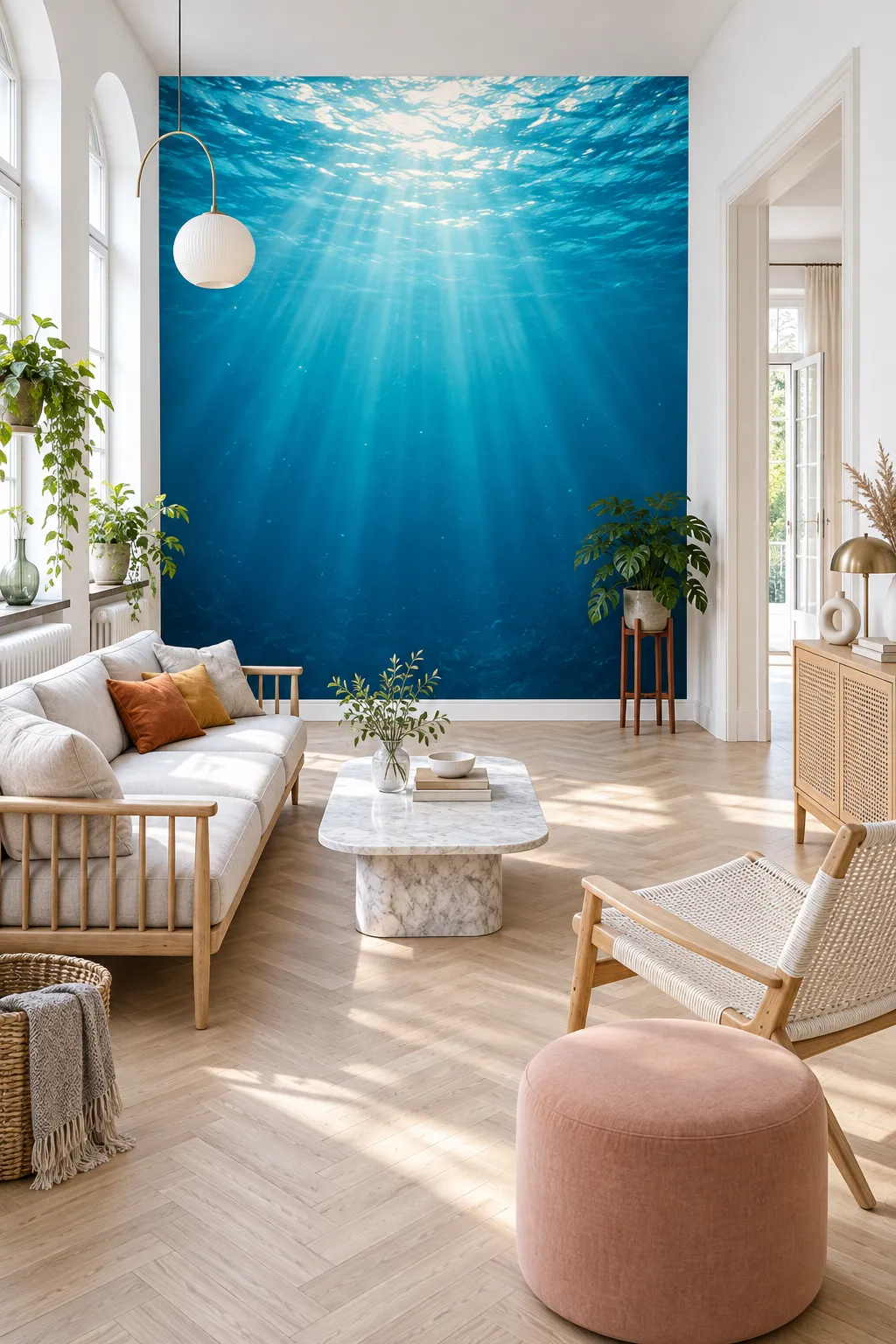 Underwater blue wall mural paired with Scandinavian living room furnishings.