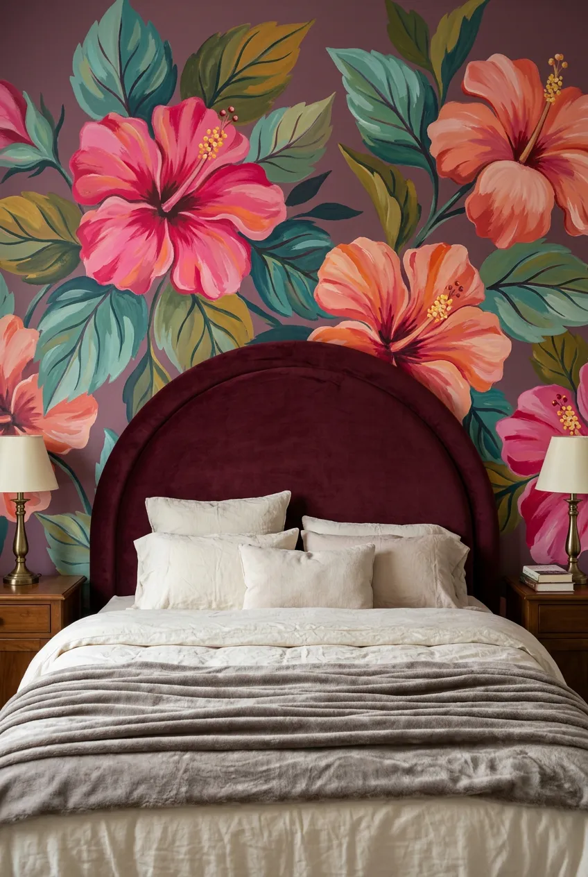 Bedroom with bold tropical flowers as its main decorative color feature