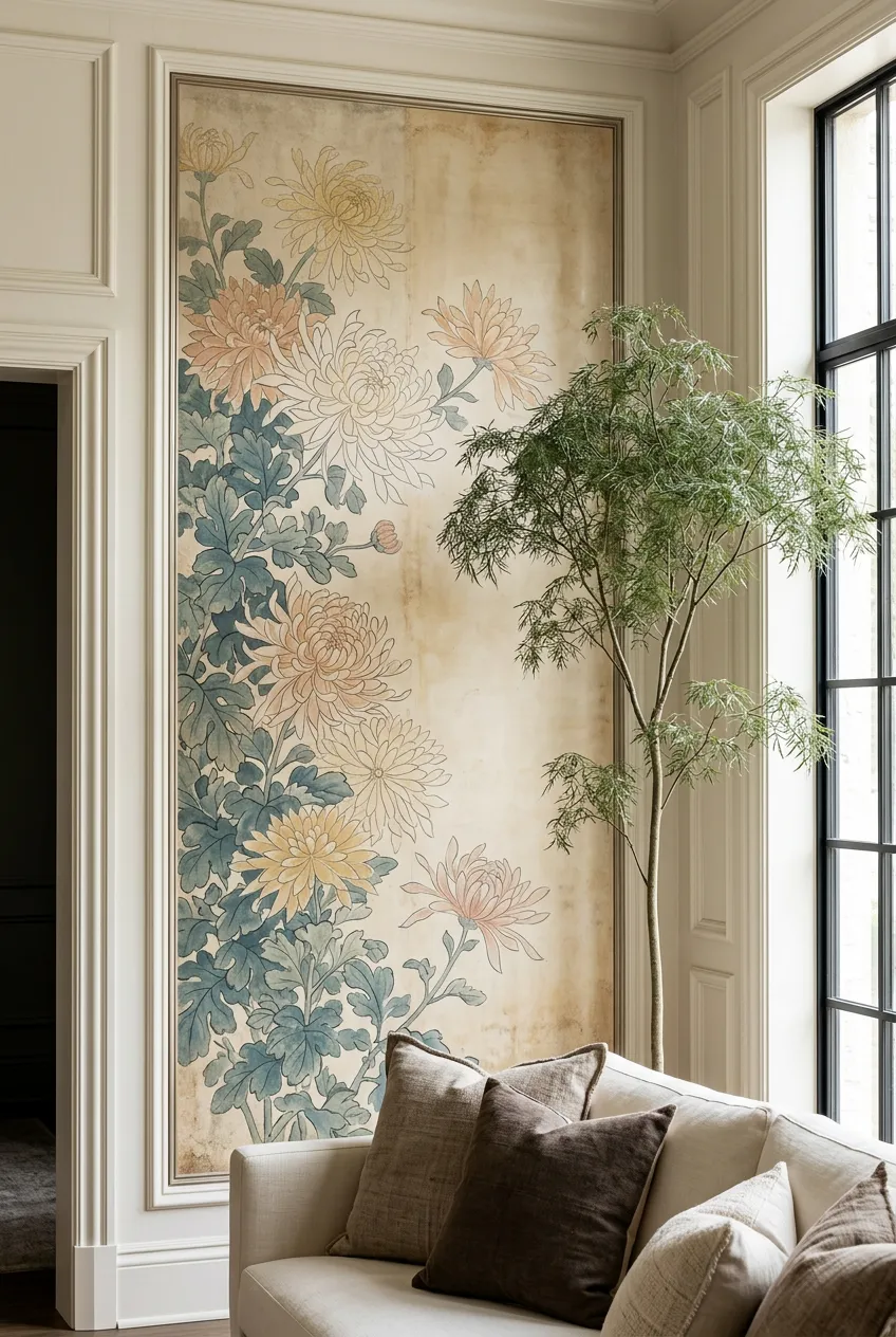 Vintage floral mural framed by classic decorative wall molding
