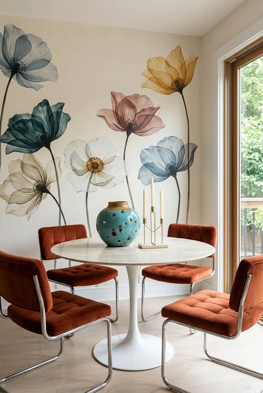 Dining room with a soft watercolor floral wall design