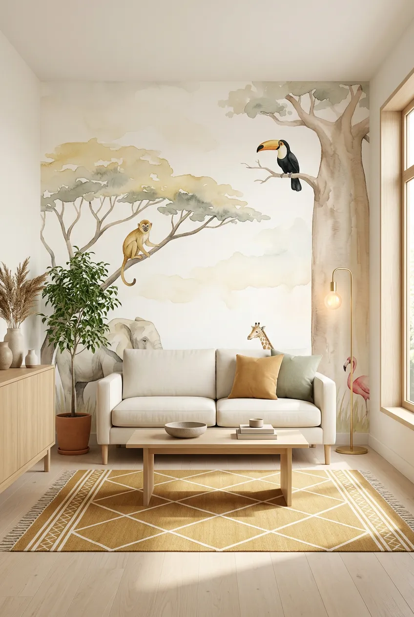 Watercolor safari wall scene in a calm neutral living room.