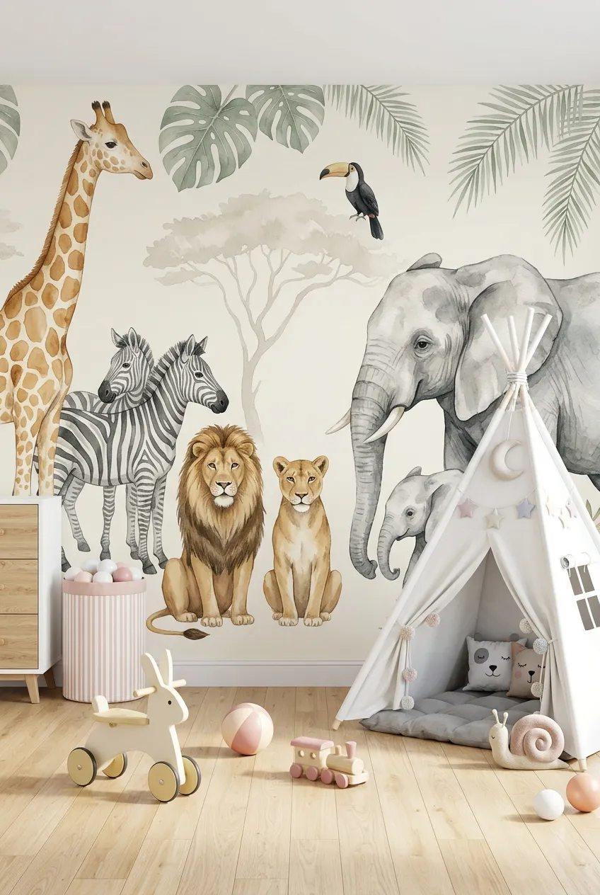White playroom teepee set against a wall of watercolor safari animals.