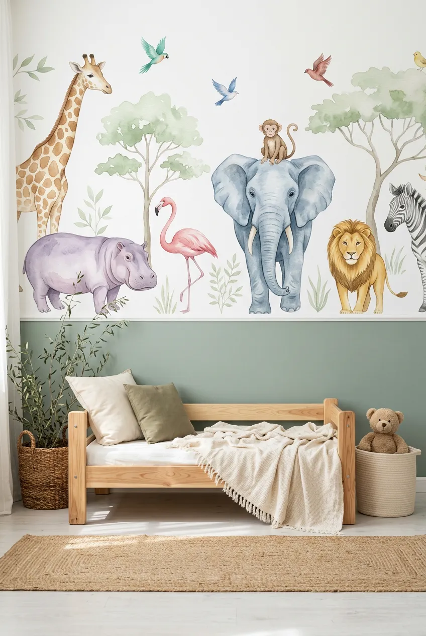 Watercolor safari walls paired with sage green bedroom decor.