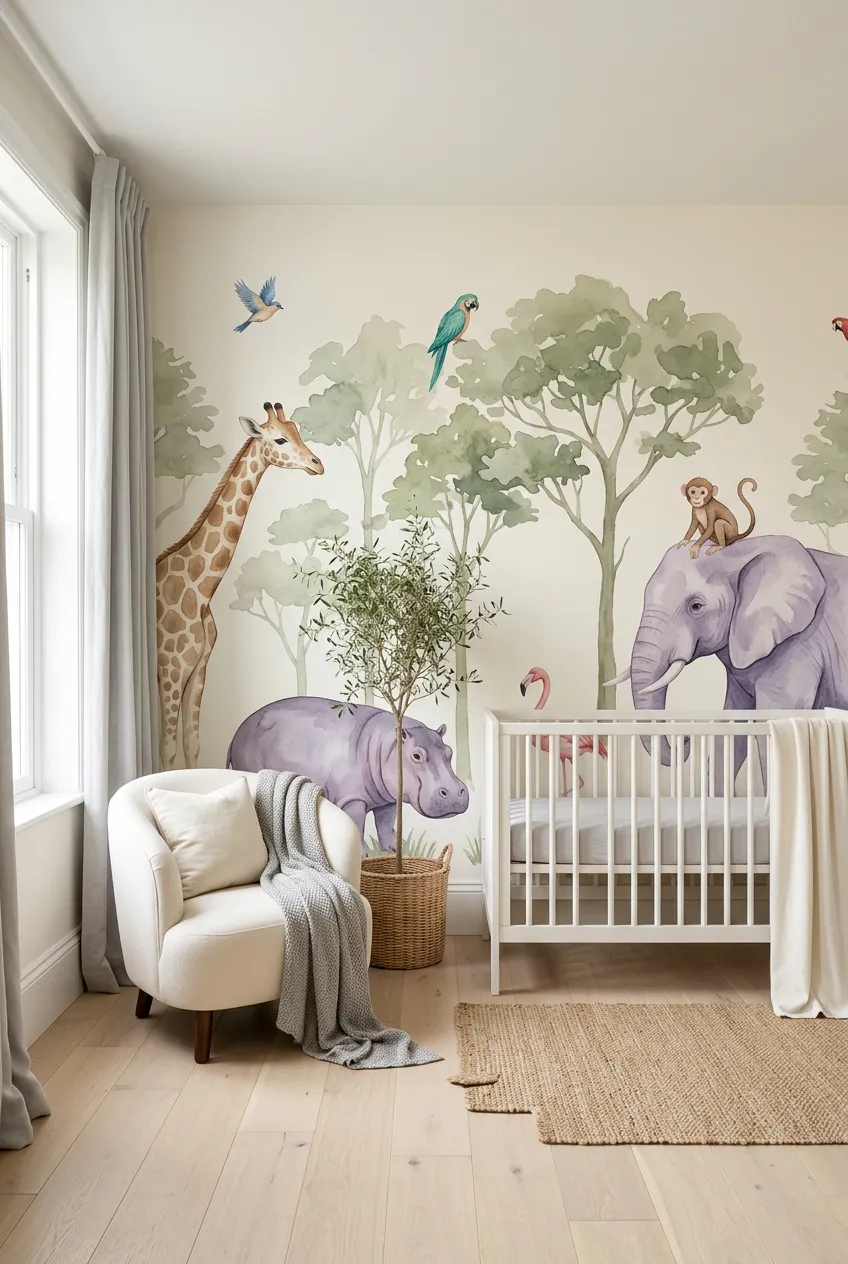 Soft watercolor animal wall decor behind a white nursery crib.