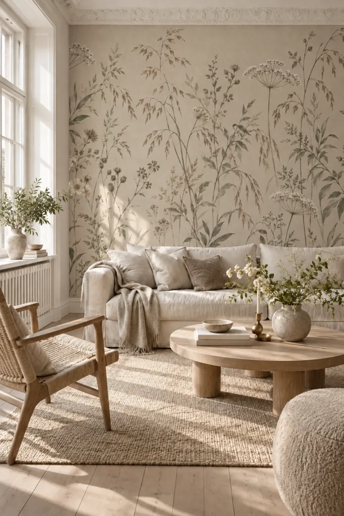 Vintage Meadow Wildflowers and Sage Green Grasses on Warm Beige Botanical Wallpaper Mural behind a cream sofa in a sunlit Scandinavian living room with pale oak furniture and ivory crown molding.