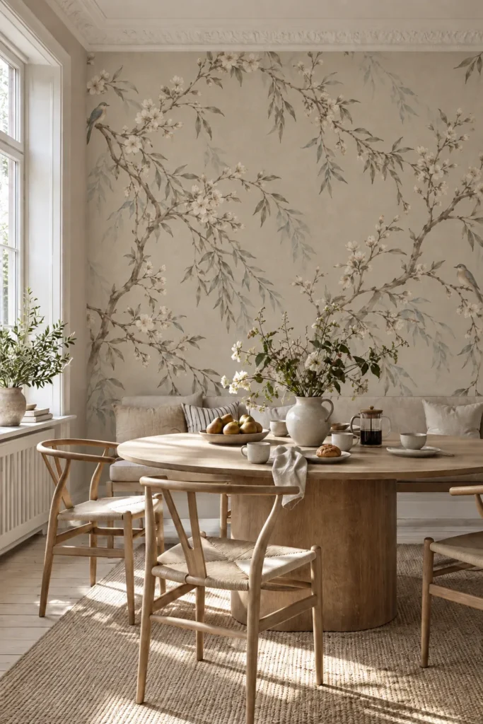 Vintage Chinoiserie White Blossom Branches and Blue Gray Birds on Beige Wallpaper Mural behind an oak dining table and oatmeal bench in a sunlit Scandinavian dining nook with ornate ivory cornices.