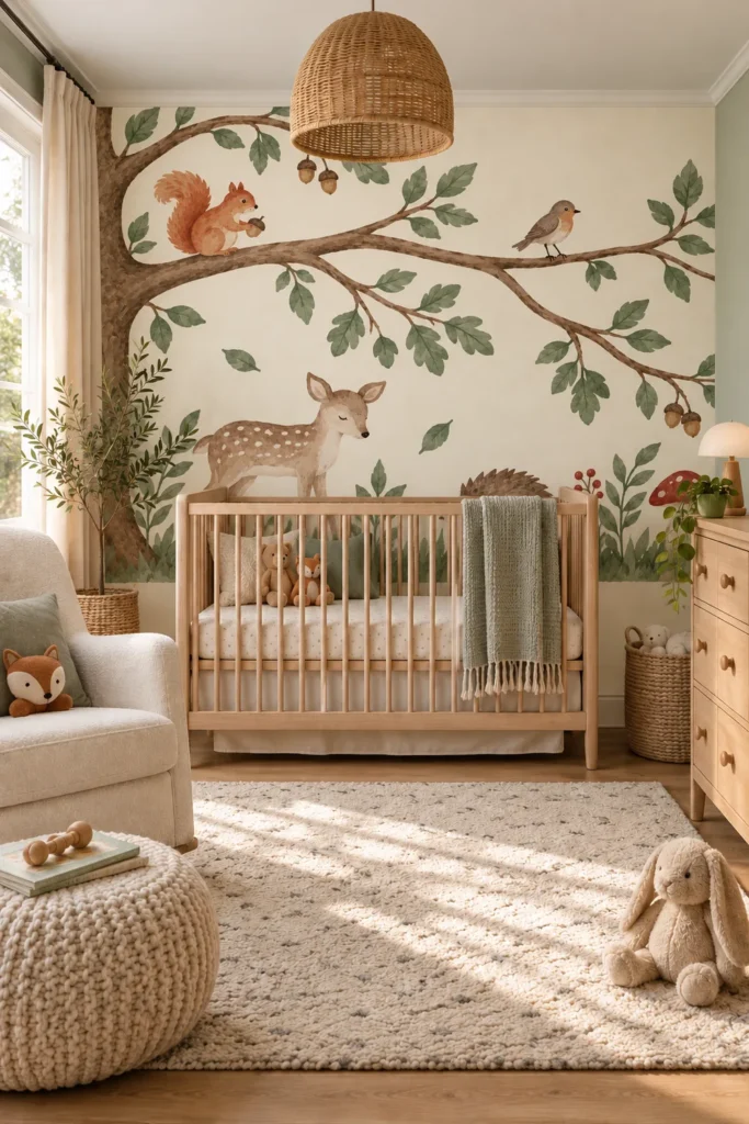 Watercolor Woodland Oak Tree Wall Mural with Deer Hedgehog Owl and Red Mushrooms behind a natural wood crib in a sunlit Scandinavian nursery with a cream armchair and woven accents.