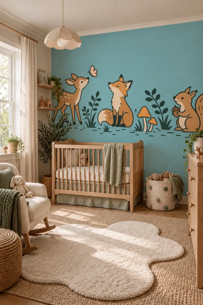 Teal Blue Cartoon Woodland Deer Fox and Squirrel Wall Mural with Mushrooms behind an oak crib in a Scandinavian nursery with a cream rocking chair and warm daylight.