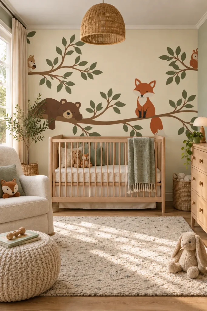 Cream Woodland Tree Branch Wall Mural with Sleeping Bear Fox Owl and Squirrel behind an oak crib in a warm Scandinavian nursery with ivory textiles and woven decor.