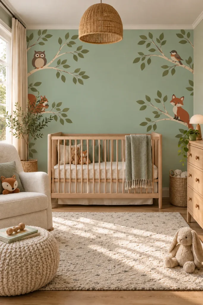 Sage Green Birch Tree Wall Mural with Fox Squirrel Owl and Bird behind an oak crib in a Scandinavian nursery with cream seating and woven accents.
