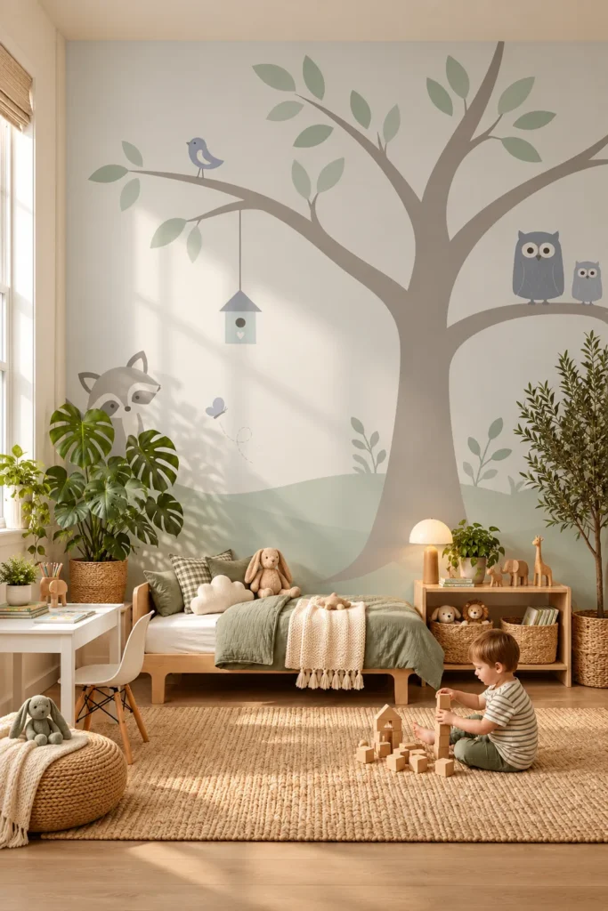 Cozy child's bedroom with a sage green woodland tree mural with owls raccoon birds and hanging birdhouse behind a low oak bed.