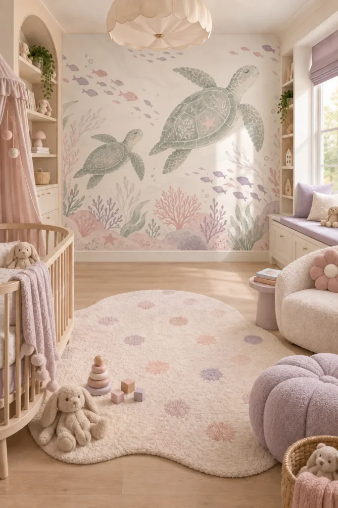 Soft Scandinavian nursery featuring a pastel watercolor sea turtle pair mural with pink coral lavender fish and sage green seaweed between ivory built-ins, with a wood crib and cream boucle chair.