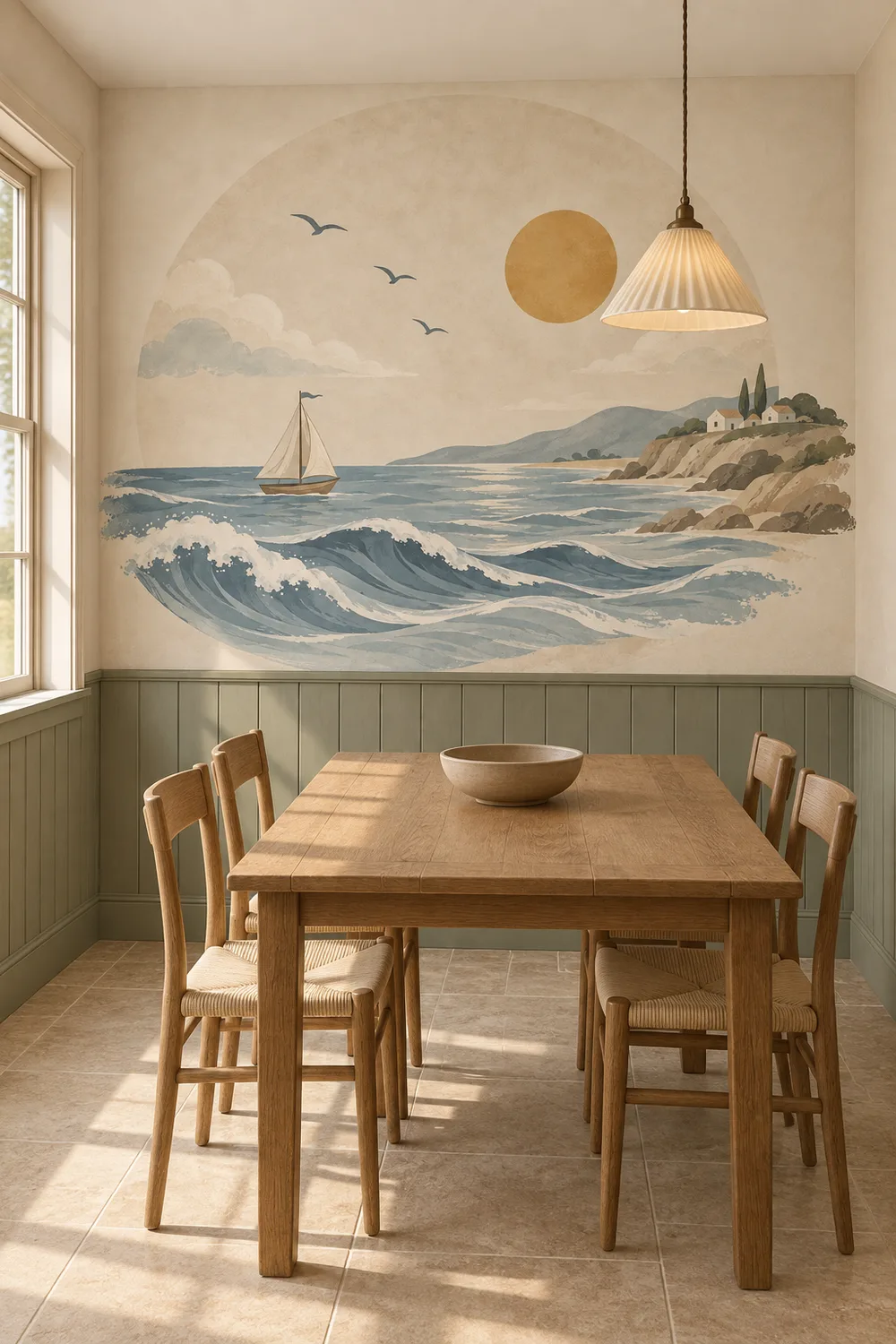 Cottage dining nook featuring a circular watercolor sailboat mural with blue ocean waves golden sun and cliffside village above sage wainscoting, with a tan oak table and timber chairs.