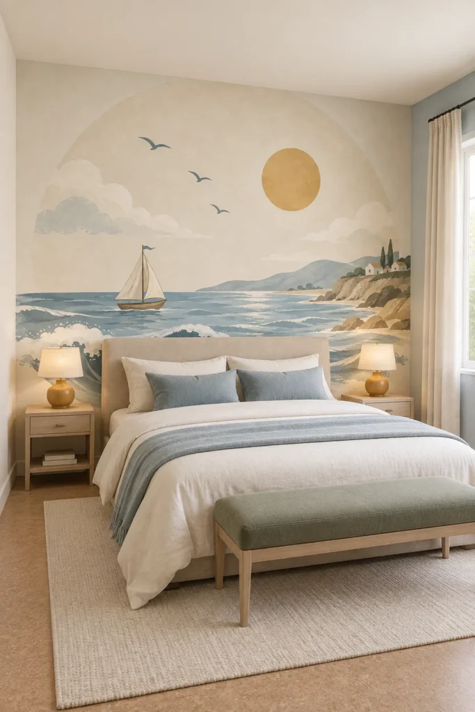 Scandinavian coastal guest bedroom featuring a circular watercolor sailboat mural with blue ocean waves golden sun and cliffside village behind a sand linen bed, with pale ash bedside tables and soft morning light.