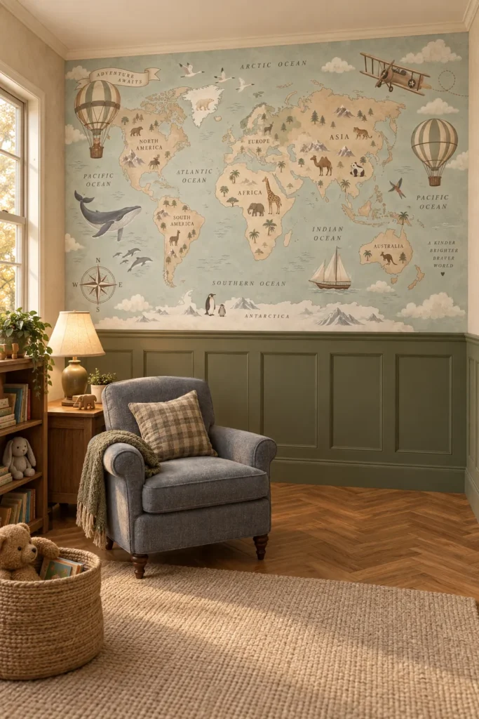 Vintage Sage Green and Beige Animal World Map Mural with Hot Air Balloons above olive wainscoting in a children's reading room with oak furniture and a blue-gray chair.