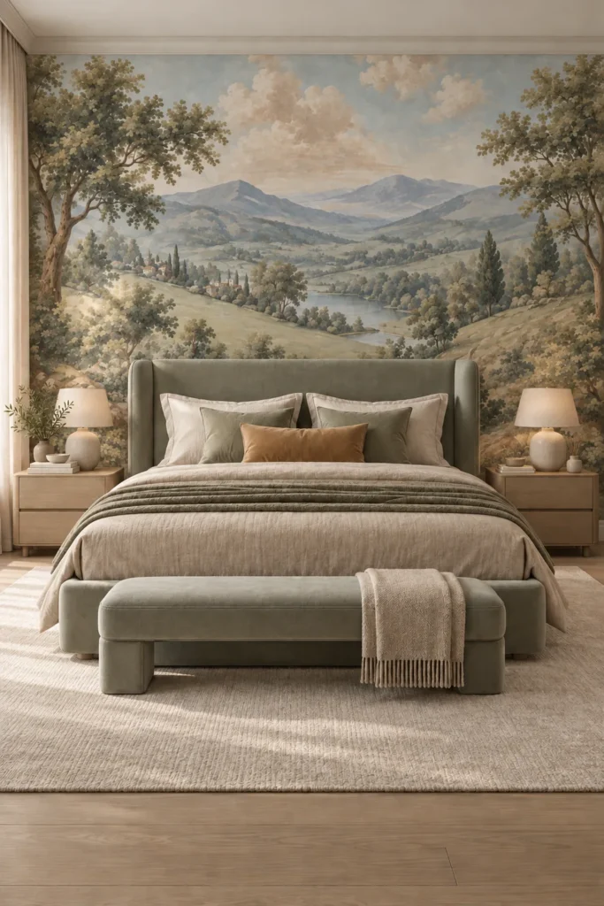 Muted Sage Green Vintage Pastoral Mountain Valley and River Landscape Wallpaper Mural behind an olive-gray bed in a warm bedroom with pale oak nightstands and an upholstered bench.