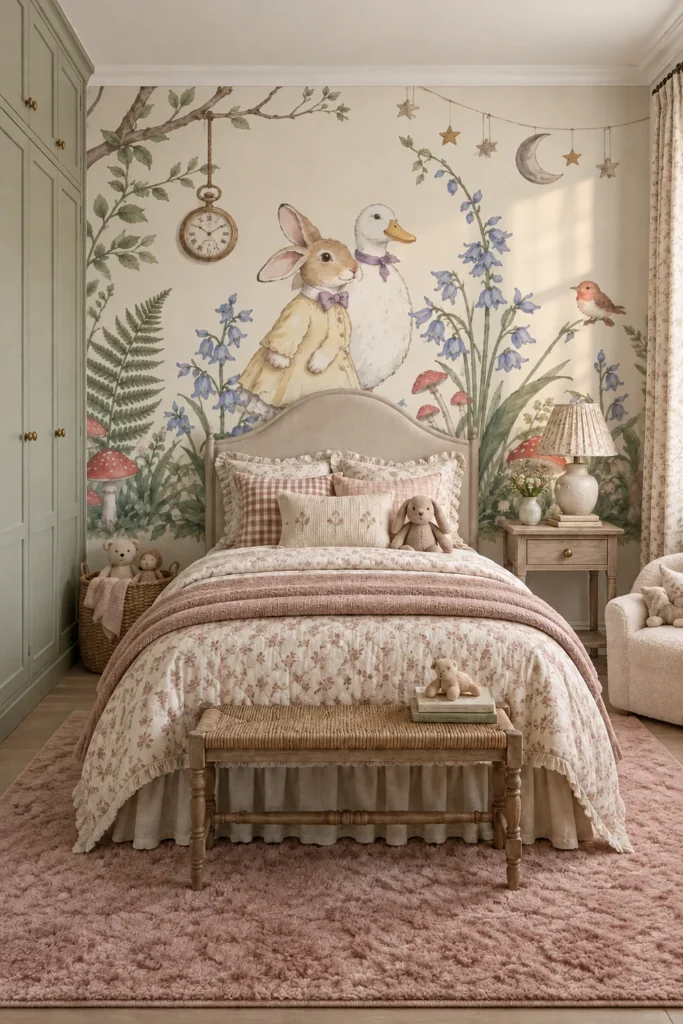 Soft English cottage bedroom featuring a vintage watercolor woodland rabbit and duck mural with bluebells red toadstools and moon and stars behind an oatmeal upholstered bed, with sage-gray cabinetry and blush bedding.
