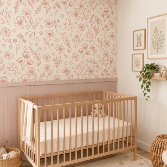 Blush Pink Wildflower Line Art and Leafy Sprigs on Cream Wallpaper Mural above dusty blush beadboard in a Scandinavian nursery with an oak crib and woven baskets.