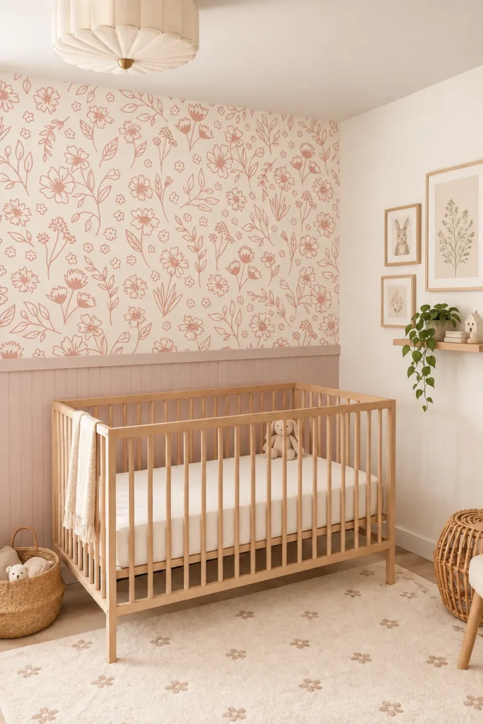 Blush Pink Wildflower Line Art and Leafy Sprigs on Cream Wallpaper Mural above dusty blush beadboard in a Scandinavian nursery with an oak crib and woven baskets.