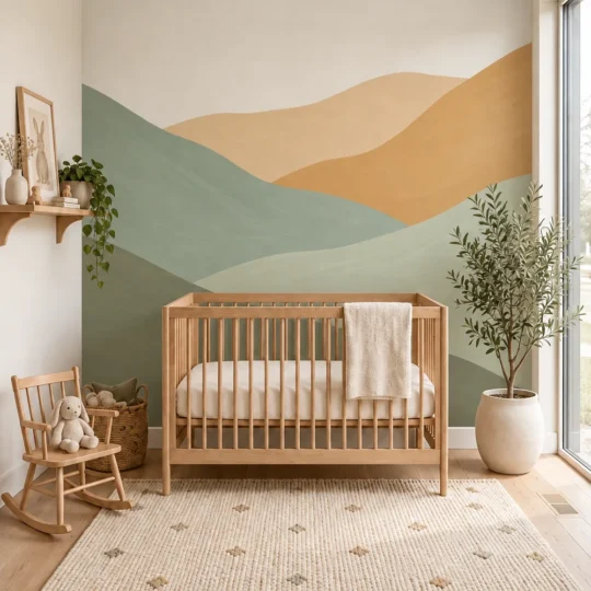 Abstract Layered Rolling Hills in Sage Green Olive and Ochre Wallpaper Mural behind a wooden crib in a sunlit Scandinavian nursery with a rattan pendant.